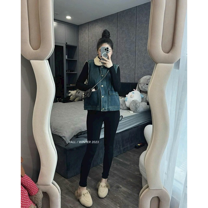 Áo gile lót lông cổ sen phối lông hottrend- Áo gile bò lót lông đơn giản giản, dễ phối đồ