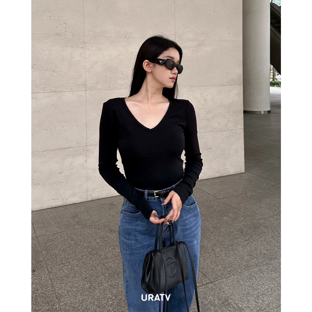 Áo thun nữ tay dài cổ tim trơn basic heart URATV