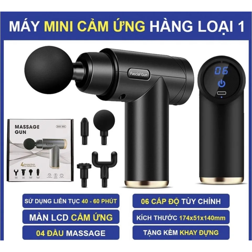 Máy massage cầm tay mini - Súng massage đấm lưng mát xa cổ vai gáy 4 đầu 6 chế độ, Máy massage cầm tay