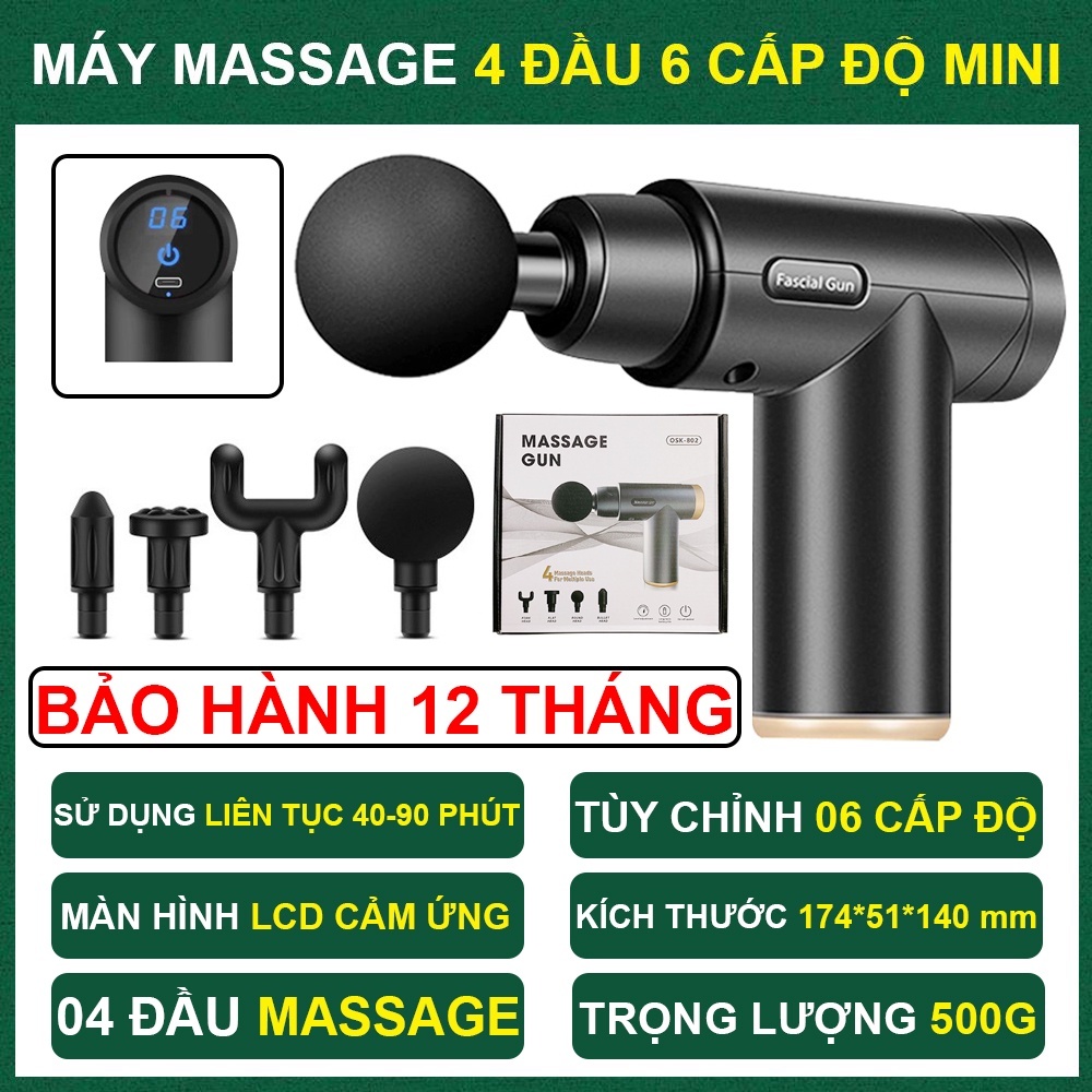Máy massage cầm tay mini - Súng massage đấm lưng mát xa cổ vai gáy 4 đầu 6 chế độ, Máy massage cầm tay