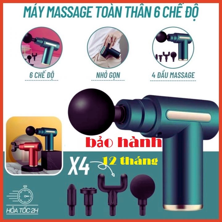 Máy massage cầm tay mini - Súng massage đấm lưng mát xa cổ vai gáy 4 đầu 6 chế độ, Máy massage cầm tay