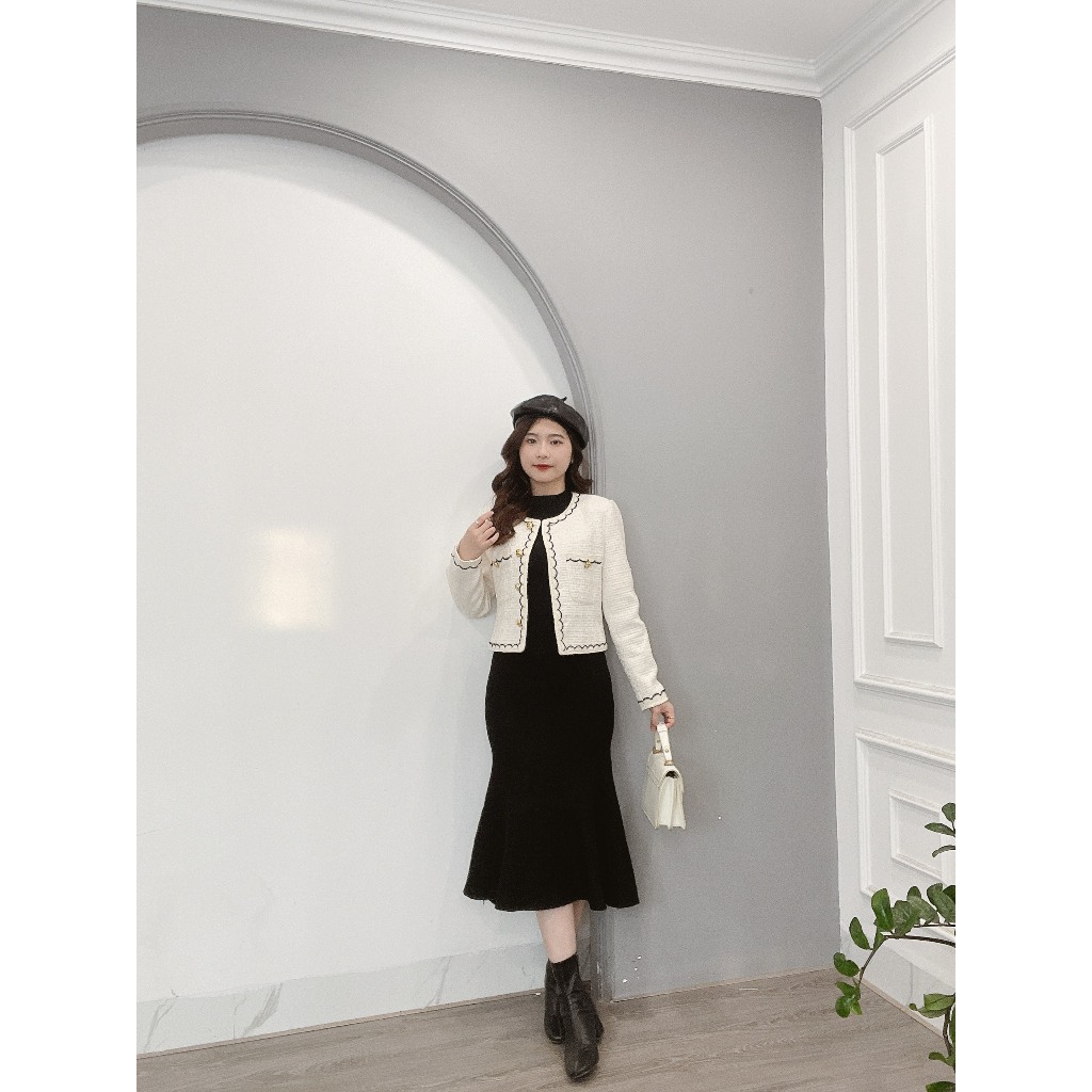 Áo Dạ Phối Viền Ren 2 Túi Ngực Cao Cấp Min House