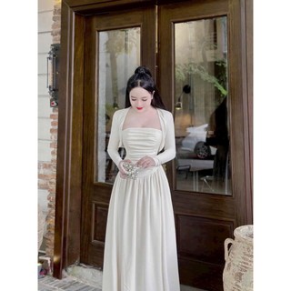 Đầm nữ cúp ngực kèm khoác ngoài chất cotton lạnh, đầm maxi xòe dáng dài ôm eo hông, khoác ngoài dài tay