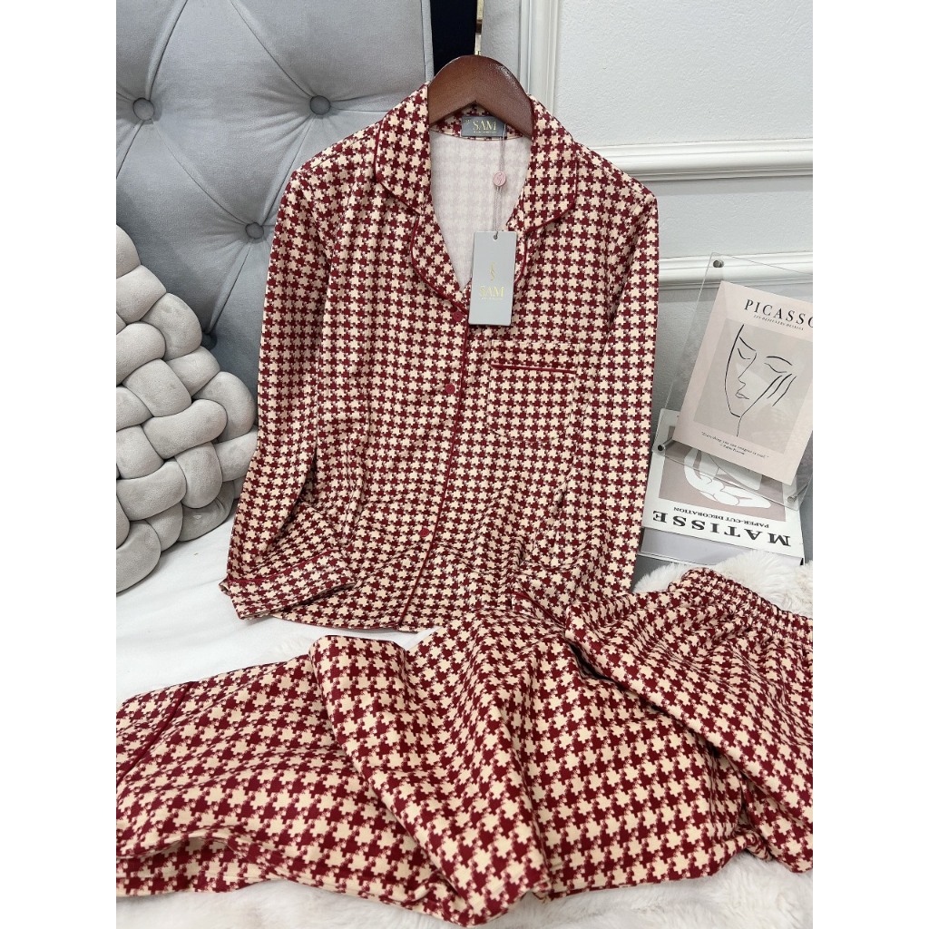 Bộ pijama SAM nhung tăm cao cấp, họa tiết nanh sói sang chảnh, kiểu áo dài tay quần dài, chất mềm, dày dặn