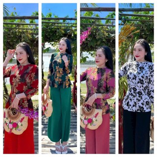 Sét bộ bà ba cổ tròn nút bọc tay dài dễ thương