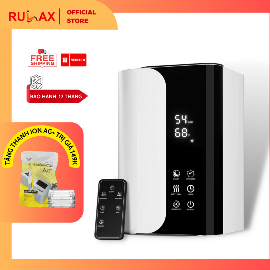 Máy Tạo Ẩm, Máy Bù Ẩm RULAX Diệt Khuẩn Nước, Có Điều Khiển Từ Xa, Màn Hình Cảm Ứng - Tặng ION Ag+ Khử Khuẩn Nước