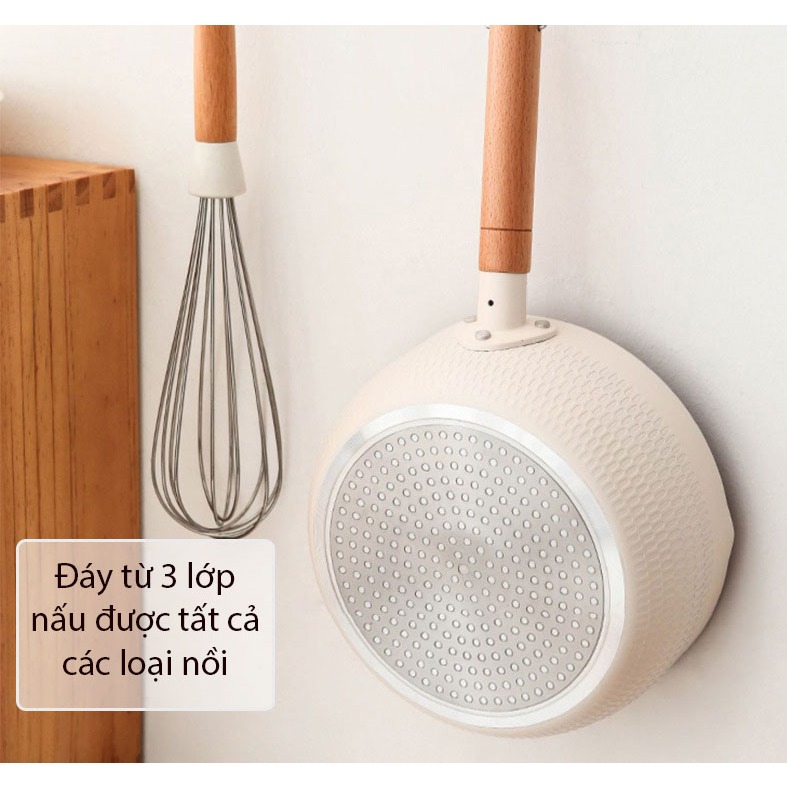 Nồi Chống Dính Mini - Nồi Nấu Bột Tay Gỗ Đáy Từ 3 Lớp Nấu Được Tất Cả Các Loại Nồi Đường Kính 18cm