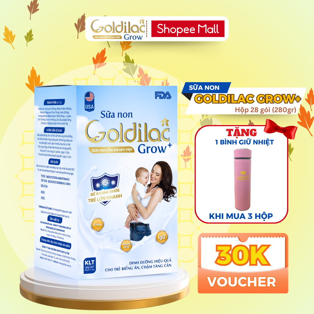 Sữa non Goldilac Grow+ hộp 28 gói 280g, Sữa non tăng cân, tăng sức đề kháng cho bé, hỗ trợ tiêu hóa giảm biếng ăn