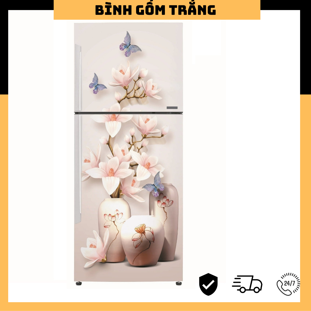 Decal dán tủ lạnh 3D BÌNH HOA GỐM TRẮNG