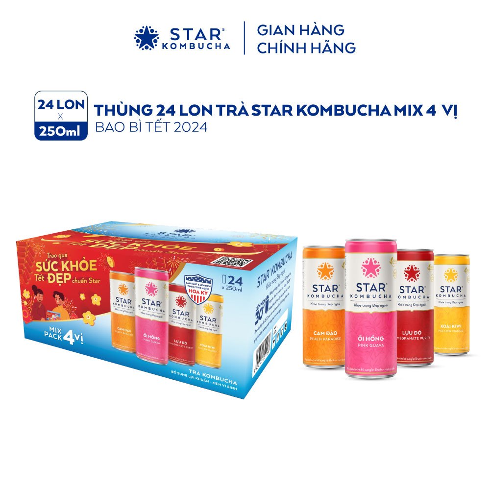 [Độc quyền Online] Thùng 24 lon trà lên men Star Kombucha mix 4 vị (250ml/lon) (Bao bì Xuân 2024)