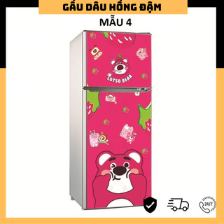 Decal dán tủ lạnh - gấu dâu nền hồng_04
