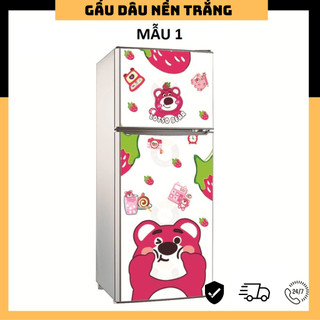 Decal dán tủ lạnh - gấu dâu nền trắng _01- decal cao cấp chống thấm nước