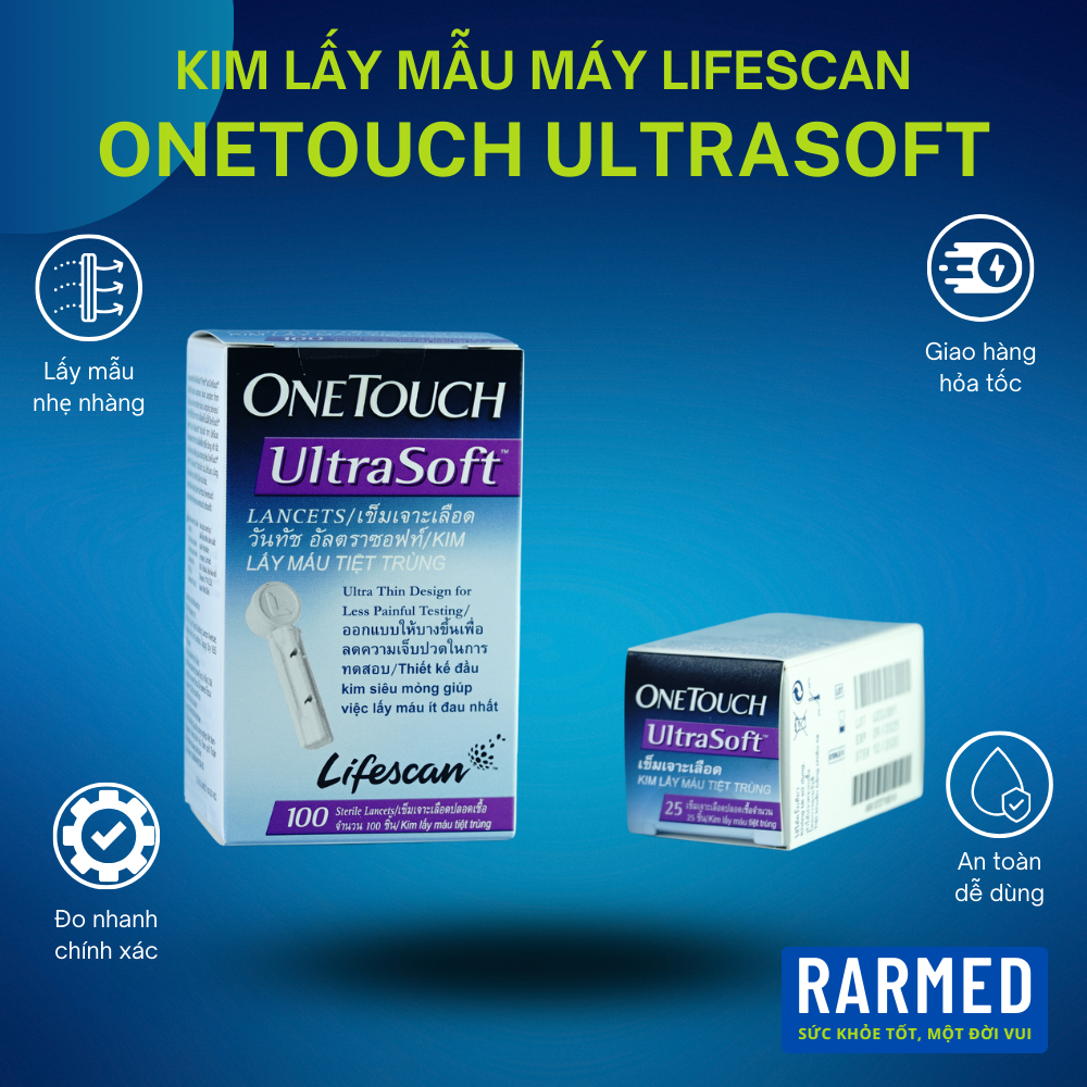 Hộp 25 & 100 kim lấy máu bút lấy máu máy đo đường huyết Lifescan Onetouch Ultrasoft