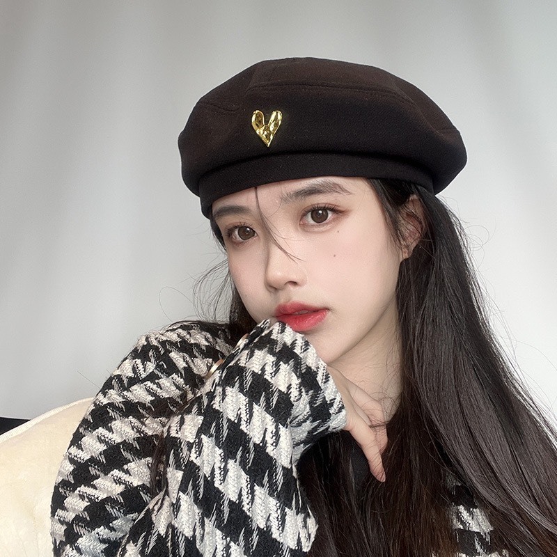 Mũ beret mũ nồi dạ nữ họa tiết tym gold phong cách trẻ trung Hàn Quốc - BR10