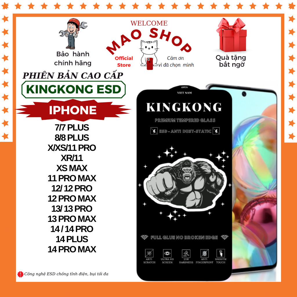 Kính cường lực kingkong iphone 15 pro max 14 pro max 11 13 promax 12 7 8 Plus xsmax xr x xs 6 6s - Full màn trơn 3D
