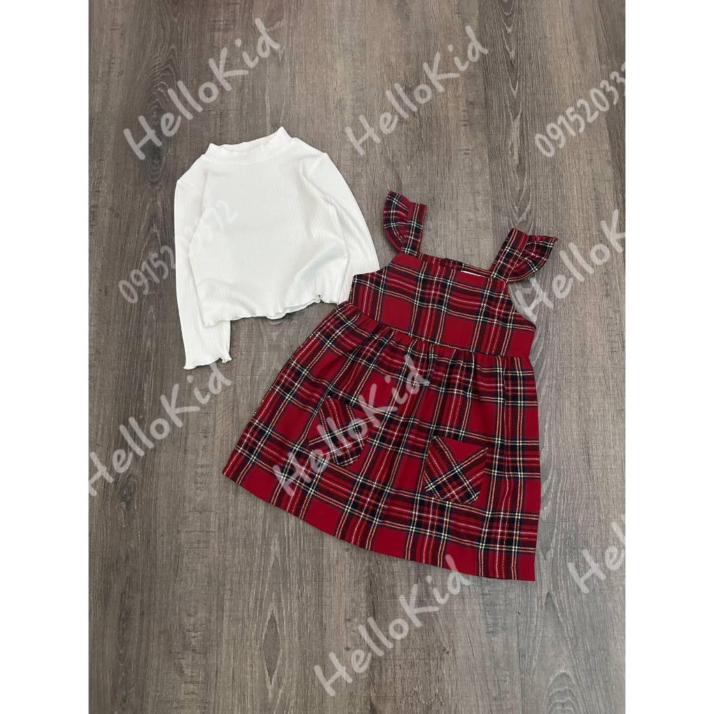 Bộ váy áo trắng kèm yếm kẻ đỏ prima cho bé