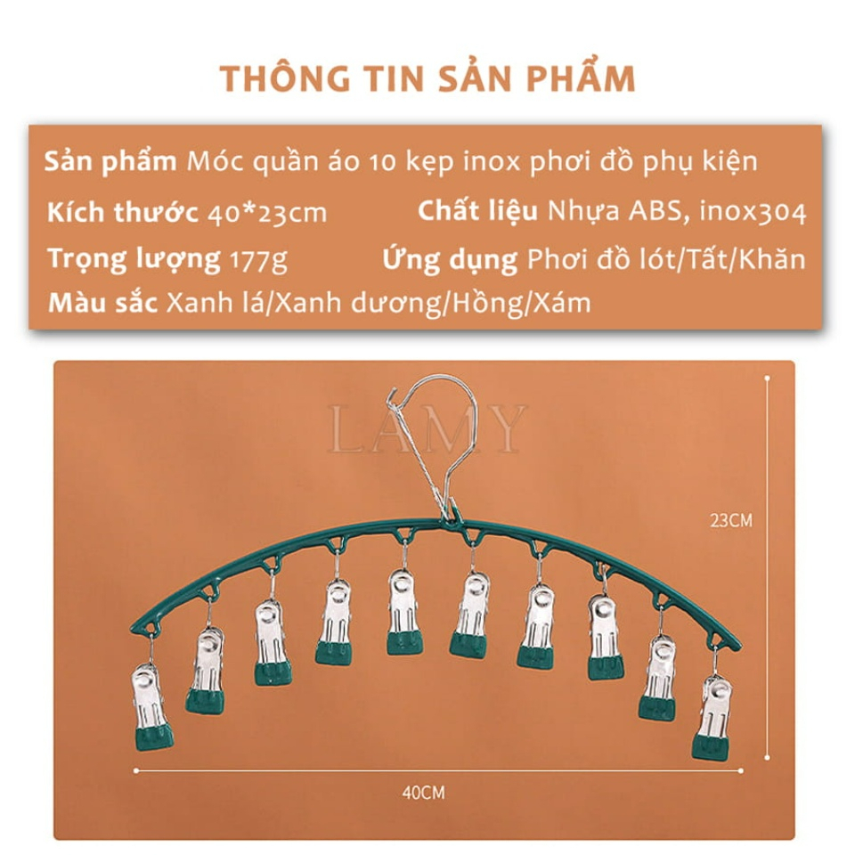 Móc Treo Phơi Đồ 10 Kẹp Inox Giữ Chống Gió, Móc Treo Tất Vớ Đồ Lót Quần Áo Trẻ Em Chống Trượt K169