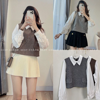  Áo sơ mi nữ A.553 Áo sơ mi cổ đức tay dài phối dạ dáng croptop lửng phong cách Hàn Quốc - Shop Chấm Bi 