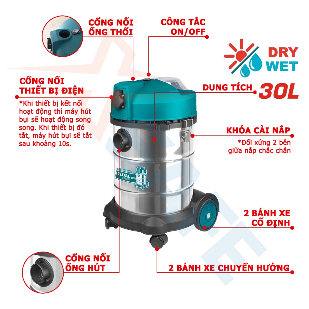 Máy hút bụi TOTAL TVC14301 1400W hút bụi khô và ướt, dung tích 30L, bình chứa thép không gỉ, dây cáp nguồn 2.3m - XSAFE