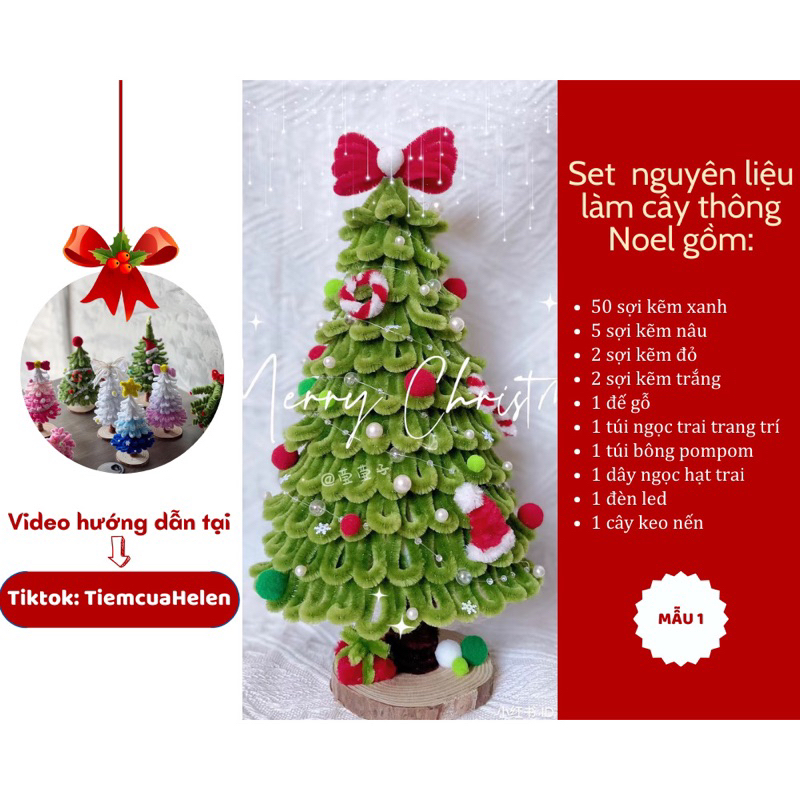 Set nguyên liệu làm cây thông Noel 30cmbằng kẽm nhung Tặng kèm Đèn Led -  Bộ phụ kiện DIY làm quà tặng, trang trí noel