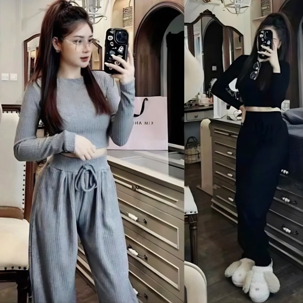 Sét Bộ Nữ Áo Croptop Dài Tay Chất Thun Gân Đũa Mix Quần Bom Cạp Cao, Sét Nữ Thời Trang Thun Đông Hottrend