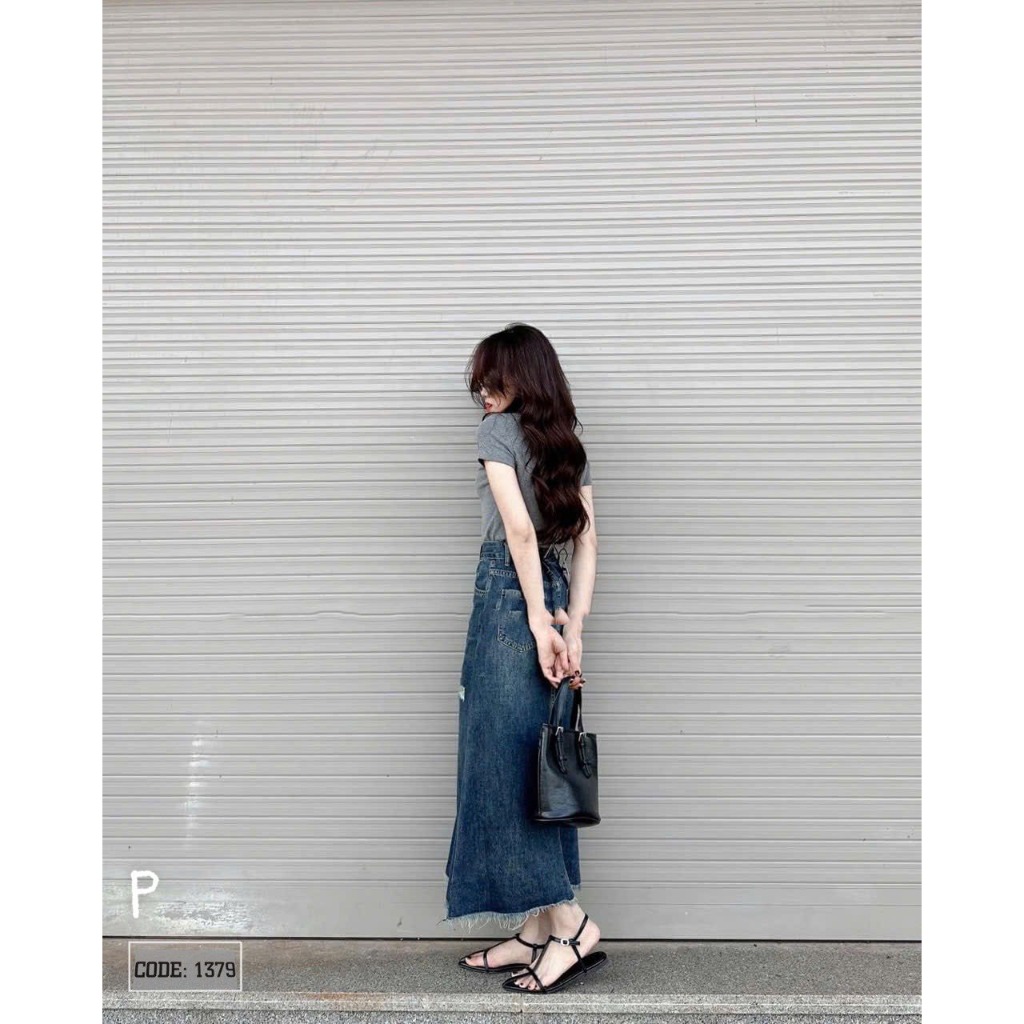 Chân váy jean dài xòe nhẹ mix bèo lạ mắt đủ size SML