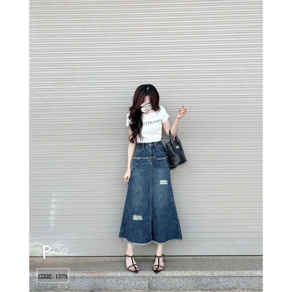 Chân váy jean dài xòe nhẹ mix bèo lạ mắt đủ size SML