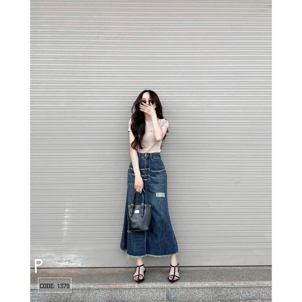 Chân váy jean dài xòe nhẹ mix bèo lạ mắt đủ size SML