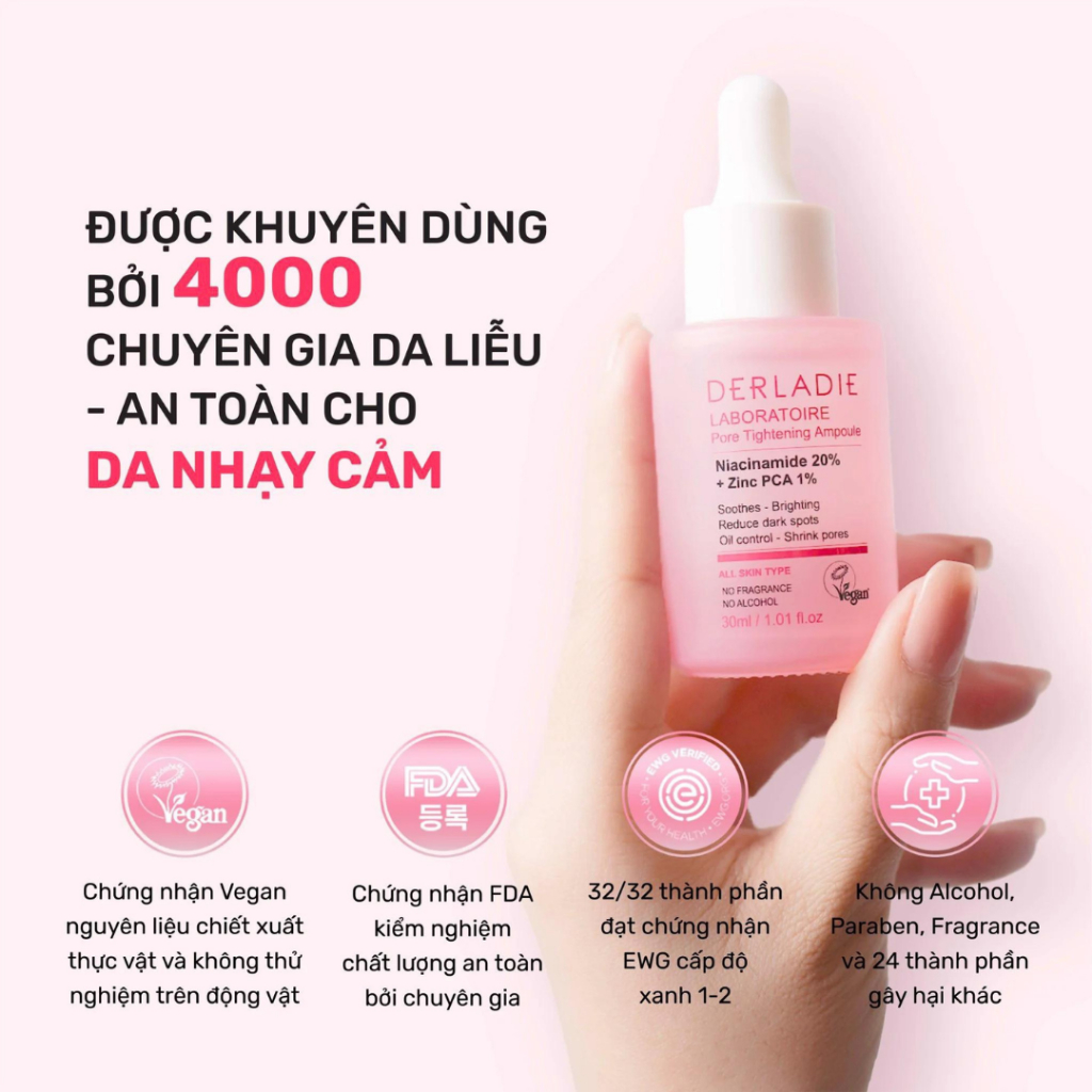 Serum Niacinamide 20% Derladie Giảm Mụn, Mờ Thâm Đỏ Derladie Laboratoire Pore Tightening Ampoule 30ml Duduhouse