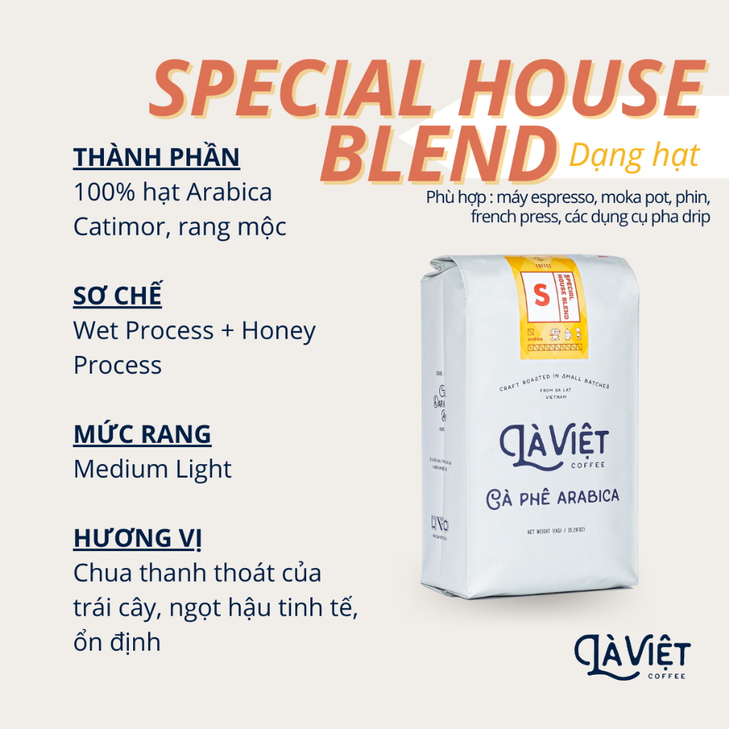  Cà Phê Nguyên Hạt LÀ VIỆT Special House Blend 100% Arabica 1kg Vị Thanh Thoát Tinh Tế 