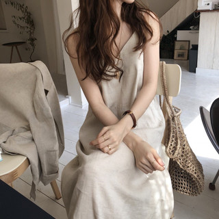 Đầm maxi đi biển, váy hai dây tim chất đũi xước dáng dài trơn basic from rộng mặc nhà xinh xắn hai màu