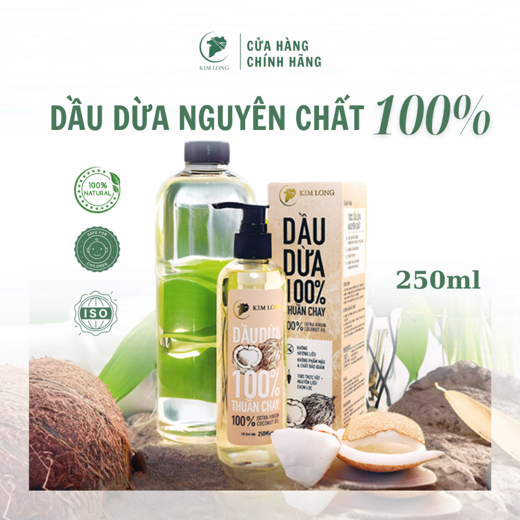 250ml Dầu Dừa Kim Long nguyên chất 100%  - Thuần chay, hỗ trợ dưỡng da, dưỡng tóc, dưỡng môi, ngừa rạn da