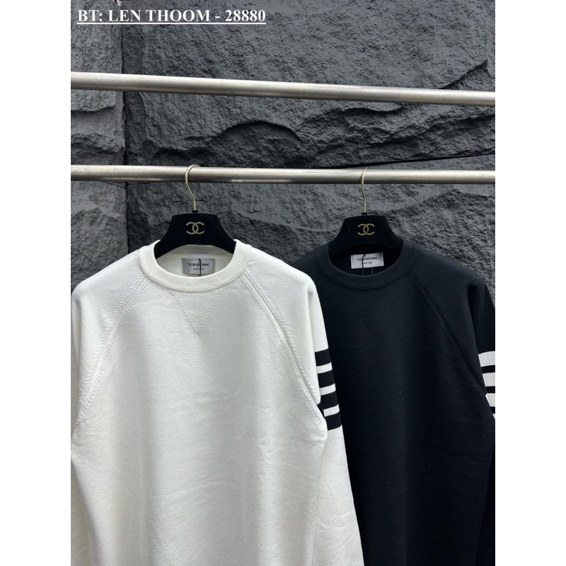 Áo len nam kẻ 3 vạch trắng thom đơn giản,áo len nam thom sọc đen trắng cao cấp