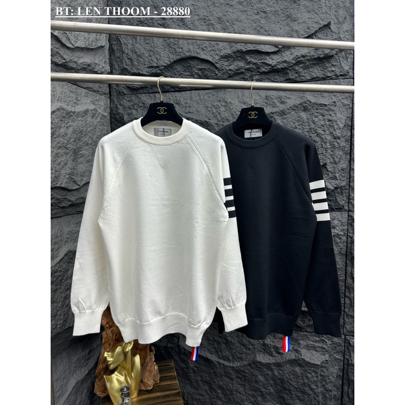 Áo len nam kẻ 3 vạch trắng thom đơn giản,áo len nam thom sọc đen trắng cao cấp