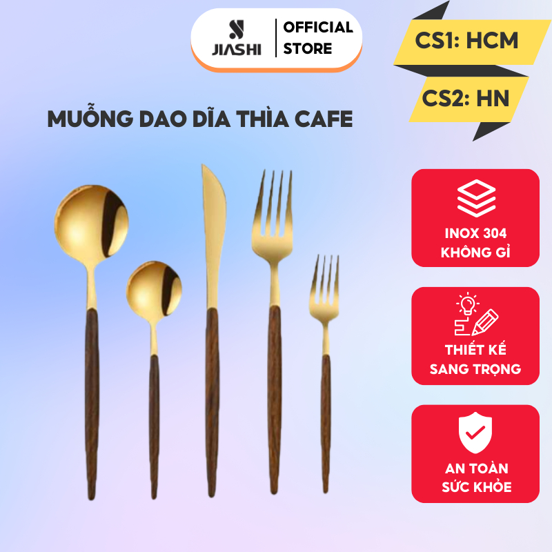 Muỗng Dao Dĩa Thìa Cafe Jiashi Inox 304 cán bọc gỗ cao cấp sang trọng MDD02