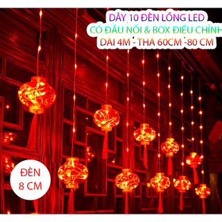 Dây đèn led 10 đèn lồng đỏ treo trang trí có đầu nối, 8 chế độ sáng trang trí ngày Lễ, tết