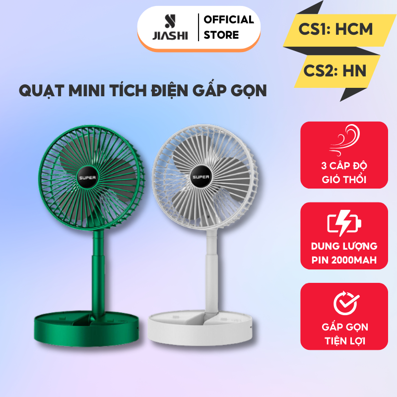 Quạt mini tích điện gấp gọn để bàn JIASHI 3 tốc độ gió pin lớn 2000mAh dùng tới 8H xoay 180 độ QMN06