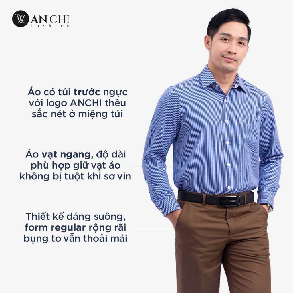 Áo sơ mi dài tay trung niên nam ANCHI hoạ tiết kẻ sọc form regular vải sợi tre - SMD011