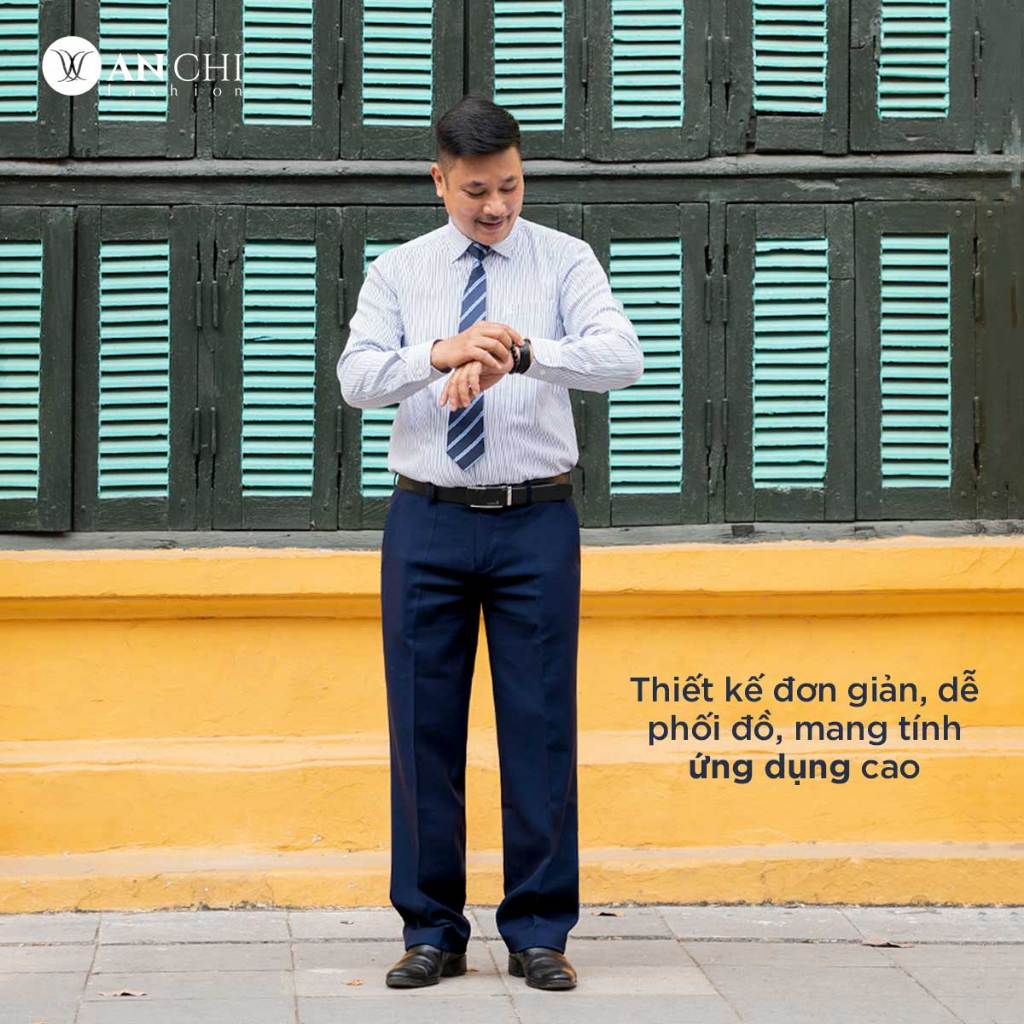 Áo Sơ Mi Nam Dài Tay Trung Niên ANCHI Hoạ Tiết Trắng Sọc Xanh Vải Sợi Tre Cao Cấp