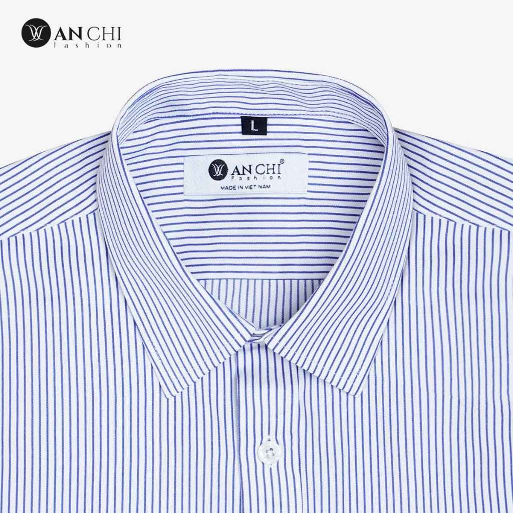 Áo Sơ Mi Nam Dài Tay Trung Niên ANCHI Hoạ Tiết Trắng Sọc Xanh Vải Sợi Tre Cao Cấp
