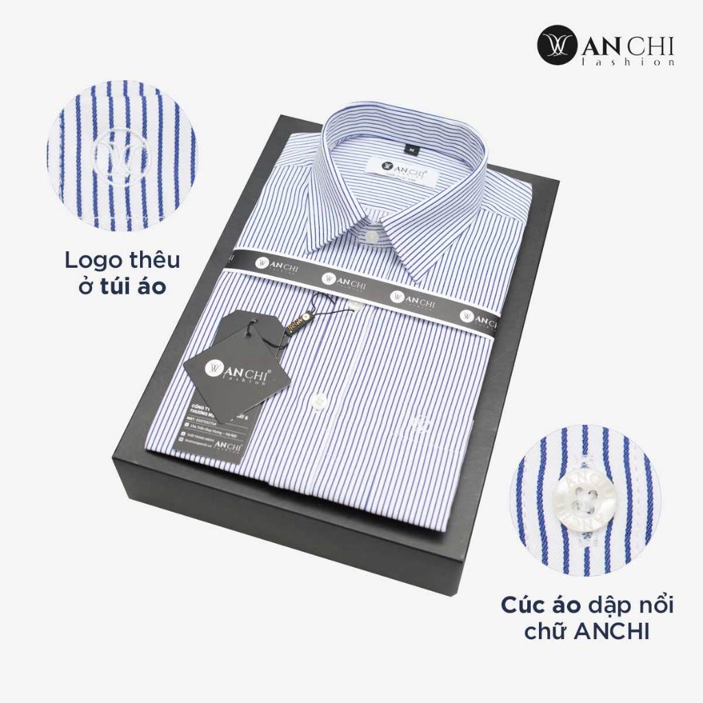 Áo Sơ Mi Nam Dài Tay Trung Niên ANCHI Hoạ Tiết Trắng Sọc Xanh Vải Sợi Tre Cao Cấp