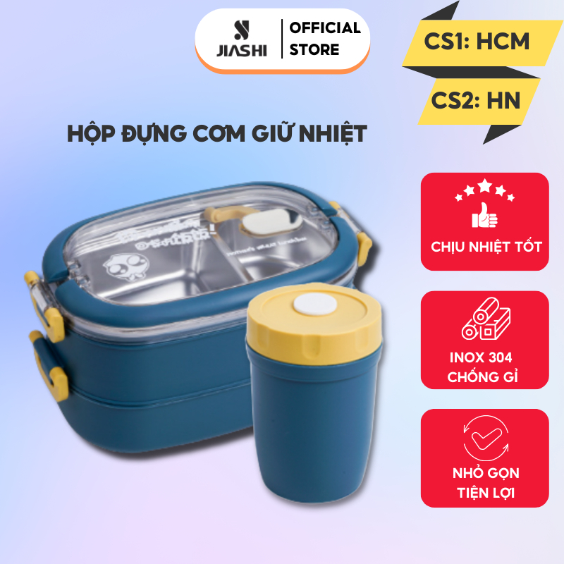 Hộp Đựng Cơm JIASHI Giữ Nhiệt 3 Màu 2 Tầng Ruột Inox 304 Chống Gỉ,Chống Đổ Tiện Lợi Dung Tích 1550ml  - HDC01