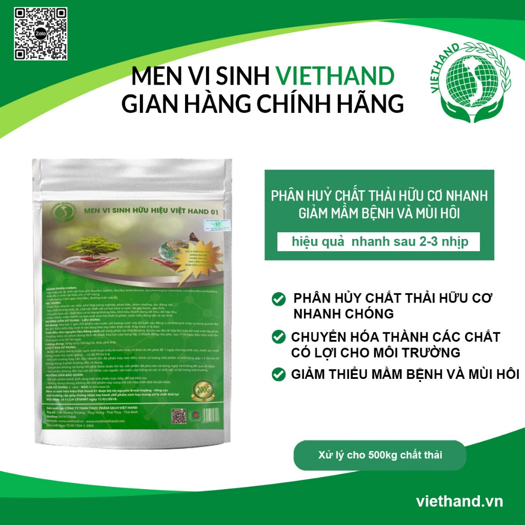 Men vi sinh Việt Hand ủ phân hữu cơ, phân cá.. Việt Hand/ Không gây mùi/Tạo chất kháng sinh/Giảm mầm bệnh VIETHAND 200g