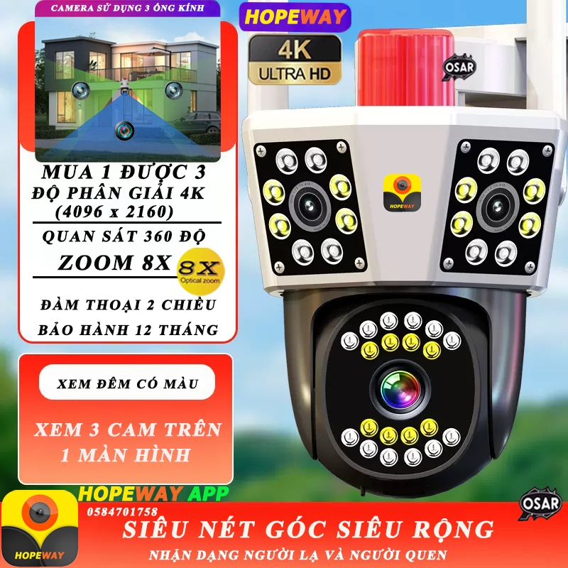 Camera IP Wifi HopeWay PTZ 3 MẮT, 4K(4096x2160),Xem 3 Màn Hình Cùng Lúc, Zoom 8X,Xem Đêm Có Màu, Góc Siêu Rộng, Siêu Nét
