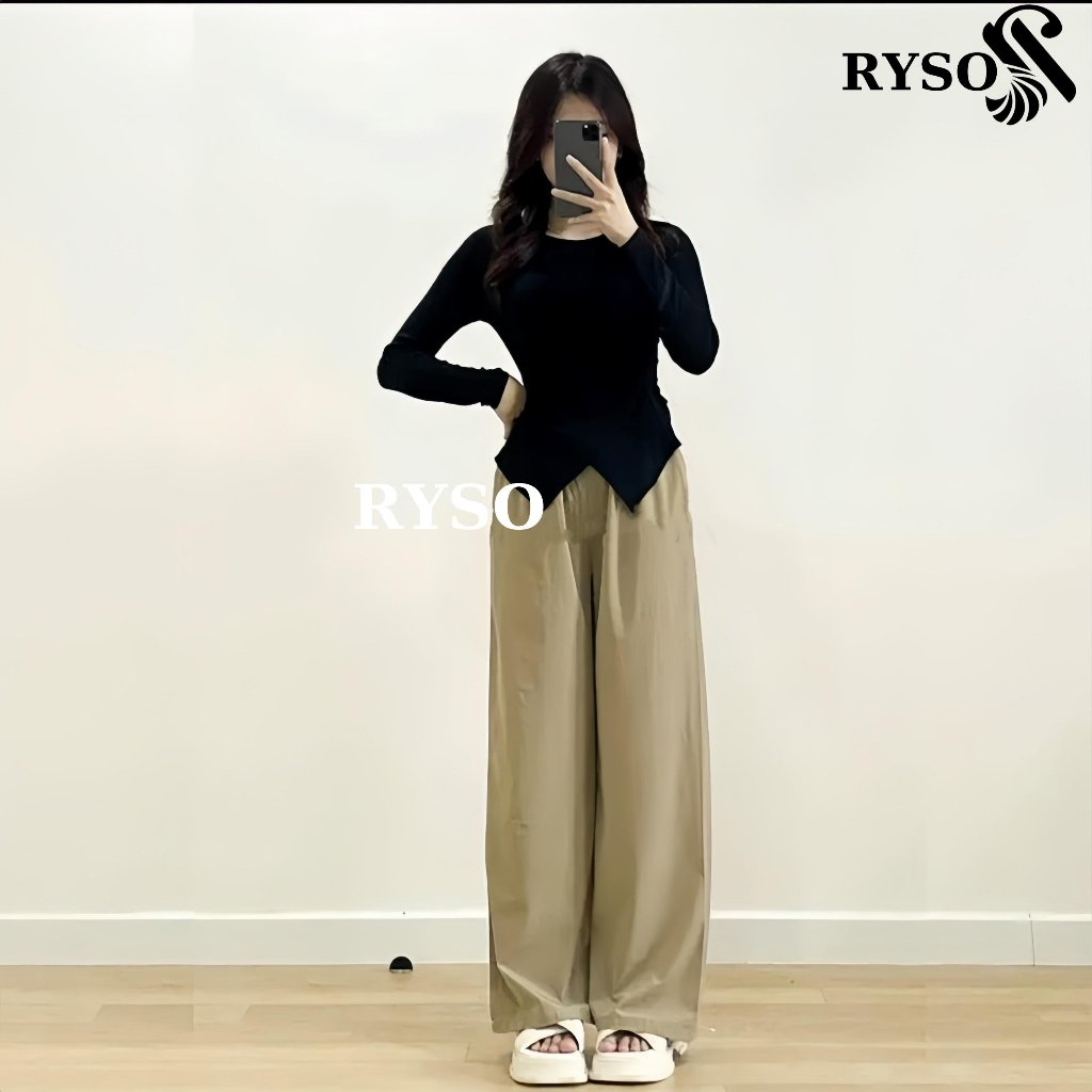 Áo thun xoắn eo tay dài RYSO FASHION cổ tròn vạt nhọn chéo thun gân tâm dày mịn mềm mát