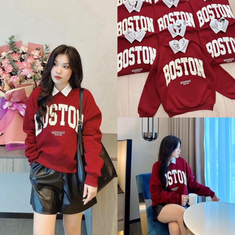 Áo Nỉ Sweater Đỏ BOSTON Phối Cổ Sơ Mi  Áo Nỉ Bông Ấm Áp