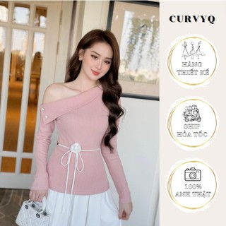 Áo Hồng Lệch Vai Buộc Dây Trắng Hoa Trà Thời Trang Thiết Kế Nữ CurvyQ