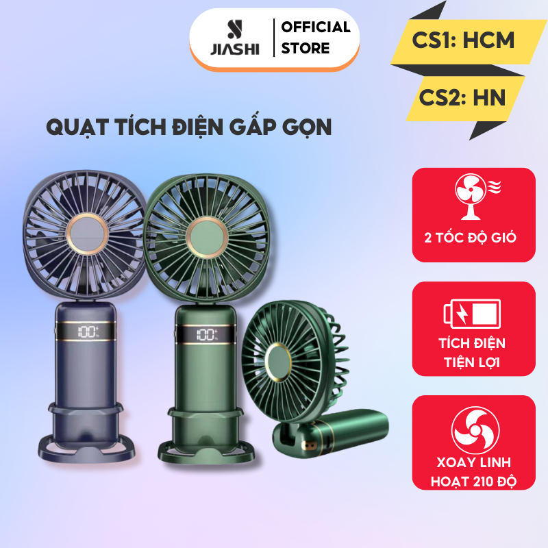 Quạt mini cầm tay tích điện gấp gọn JIASHI 5 tốc độ gió xoay linh hoạt 90 độ có dây đeo cổ pin lớn 10.000mAh QMN11