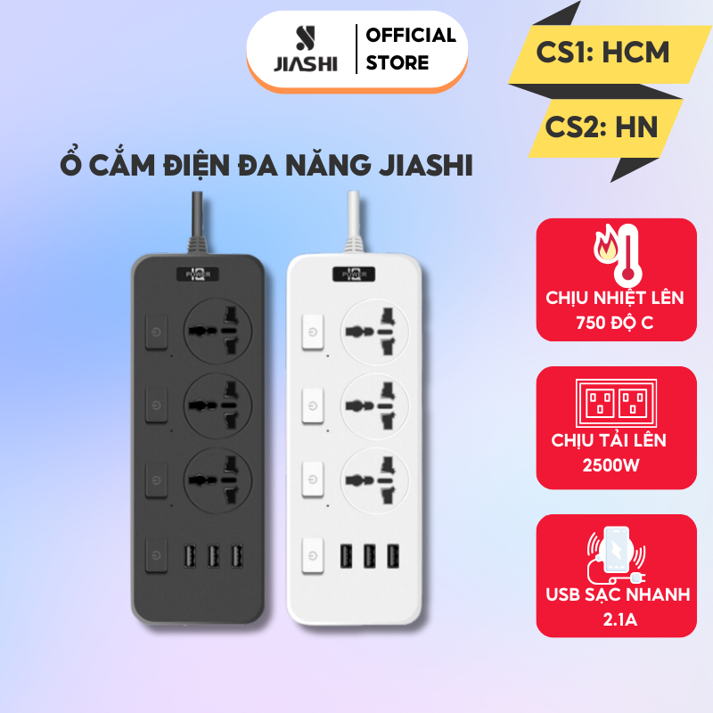 Ổ Cắm Điện Jiashi OCD04 3 Cổng USB Sạc Nhanh 5V-2.1A Công Suất 2500W Nhựa PP Chống Cháy