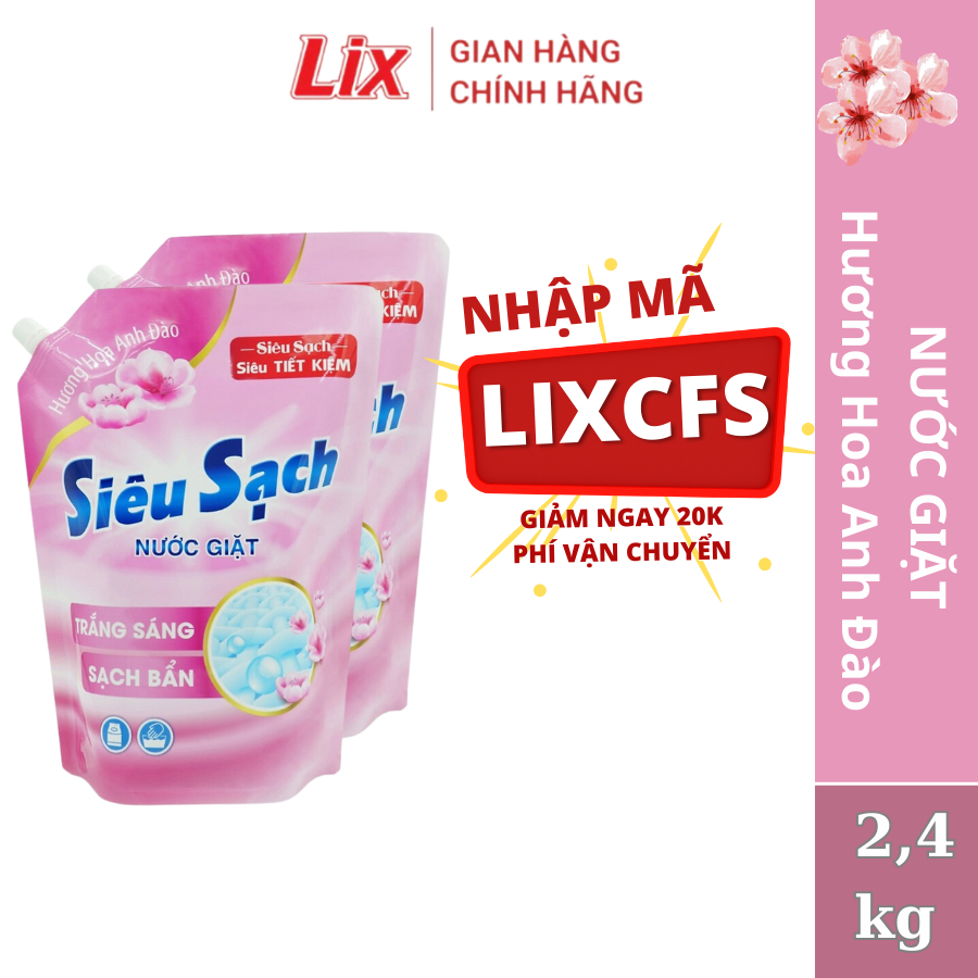 Combo 2 túi nước giặt Lix Siêu Sạch Hoa Anh Đào dung tích 2.4kg/túi, 2C-N2503 - Lixco Việt Nam
